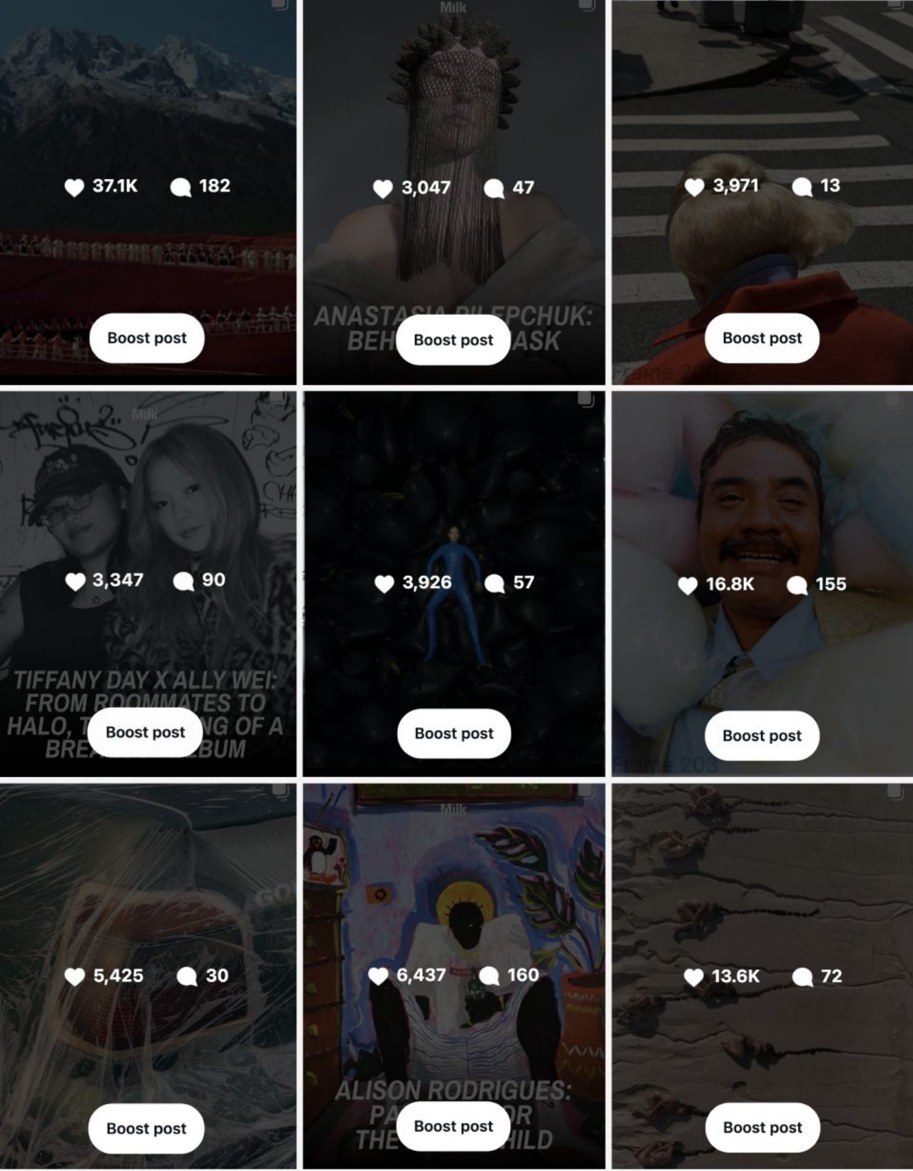 Nine recent @milk posts showing likes and comments, from 3,047 to 37.1K likes