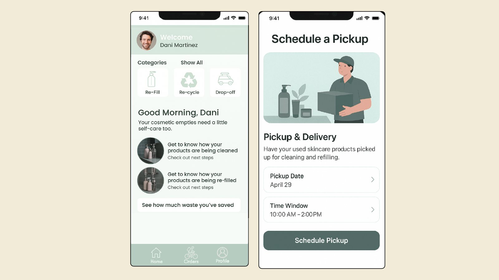 Two Refillery app screens: a home screen with refill, recycle and drop-off categories and cleaning process videos, and a Schedule a Pickup screen with date and time window