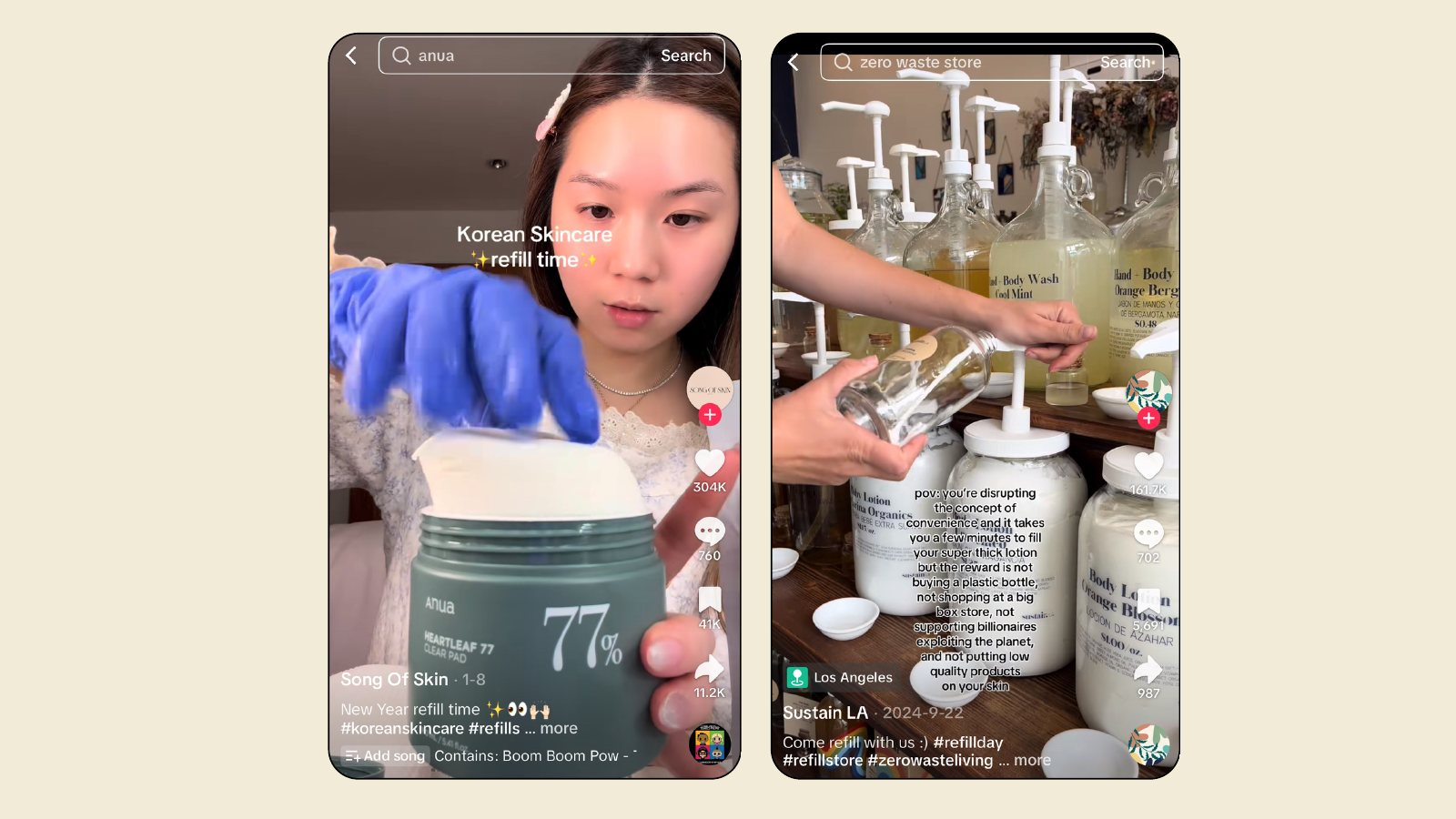 Two trending TikTok refill videos: a Korean skincare refill and a zero waste store refilling body lotion