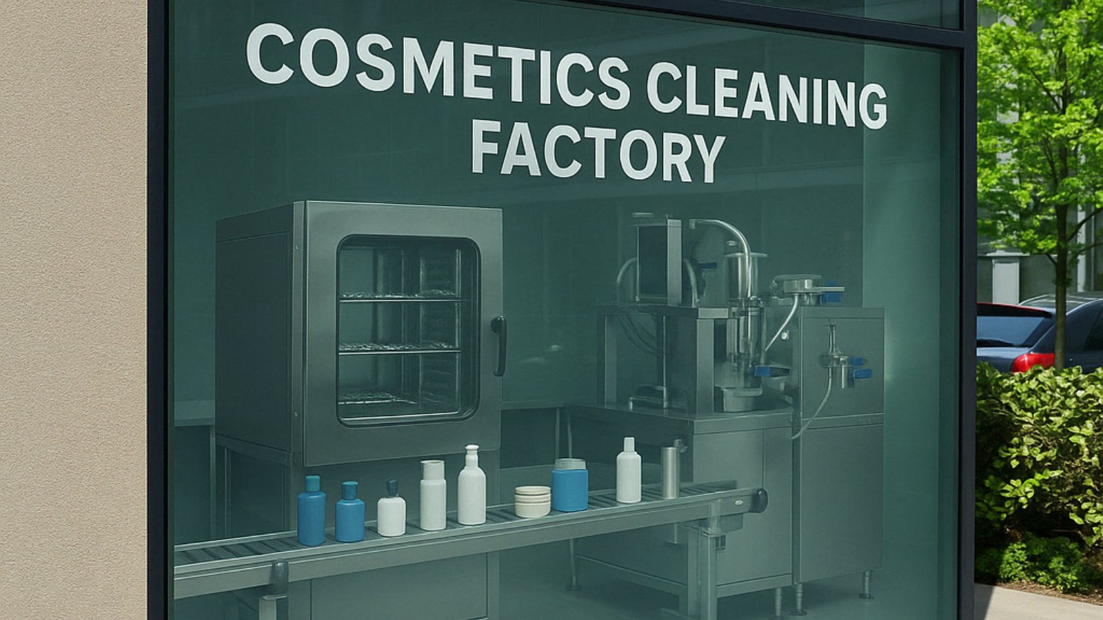 Concept rendering of a Refillery cosmetics cleaning factory, with cleaning and refill machinery and containers on a conveyor behind a street-facing window