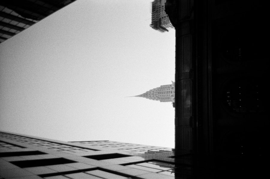 Looking up at the Chrysler Building spire, black and white film